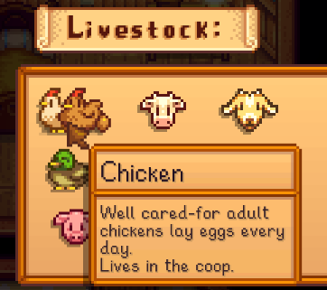 Selecting a chicken in the purchase livestock window